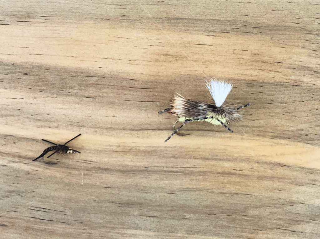 A hopper fly and dropper fly to be tied in a setup